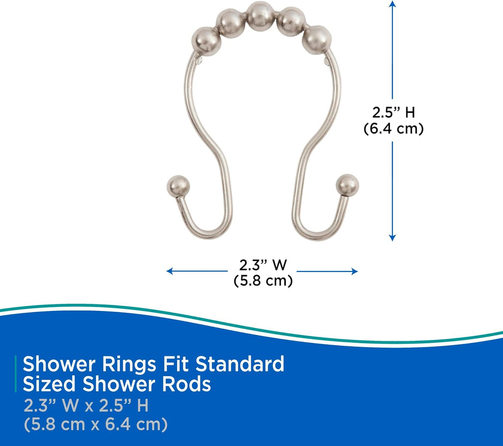 Kenney KN67120 Rust-Resistant Gliding Metal Beaded Shower Curtain Rings with Double Hanging Hooks for Shower Curtain and Standard Shower Curtain Rod, Bathroom Use, Easy to Install, 12-Pack, Nickel