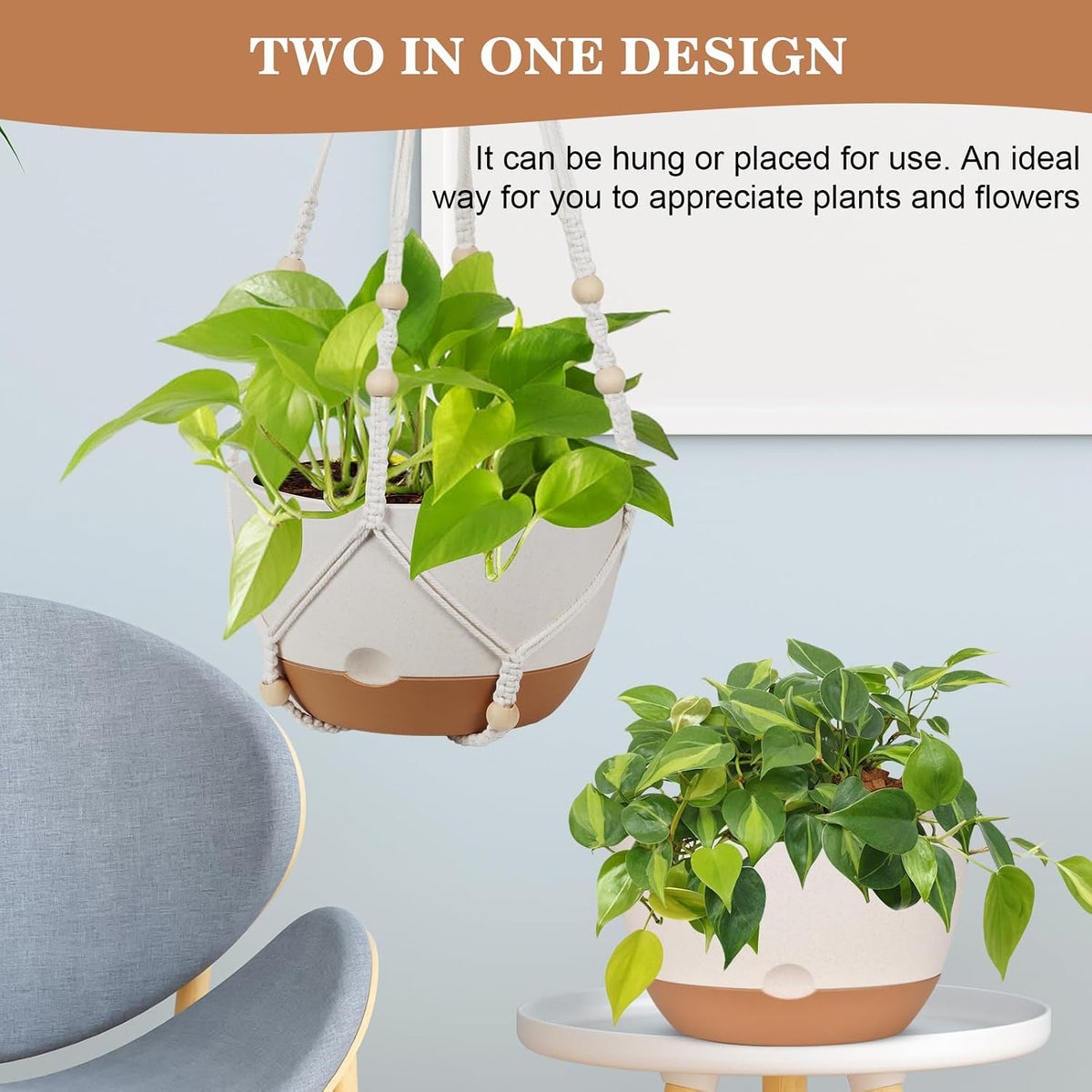 3 Pack Hanging Pot for Indoor Plants, 10inch Self-Watering Hanging Planter, Macrame Plant Hanger with Pot, Metal Chain, S & Ceiling Hooks, Removable Saucer and Drainage Holes for Garden Home - White
