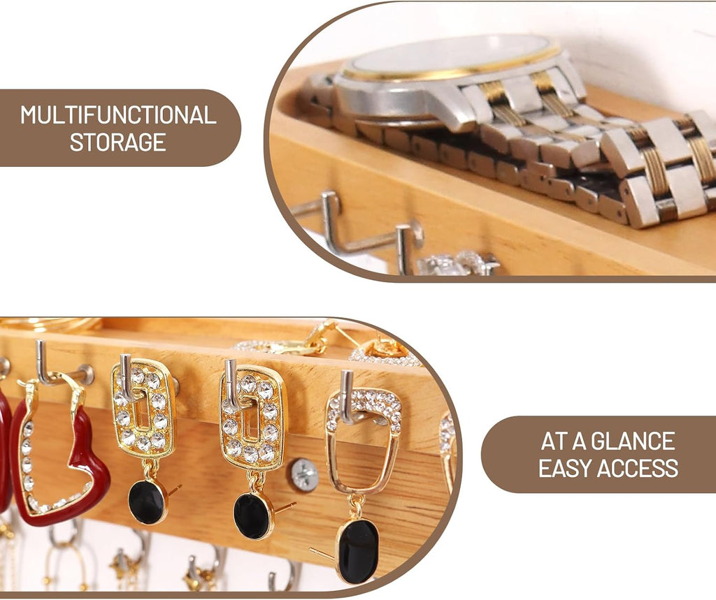 Necklace Holder Wall Mount,Jewelry Organizer with 30 Hooks,Natural Wood