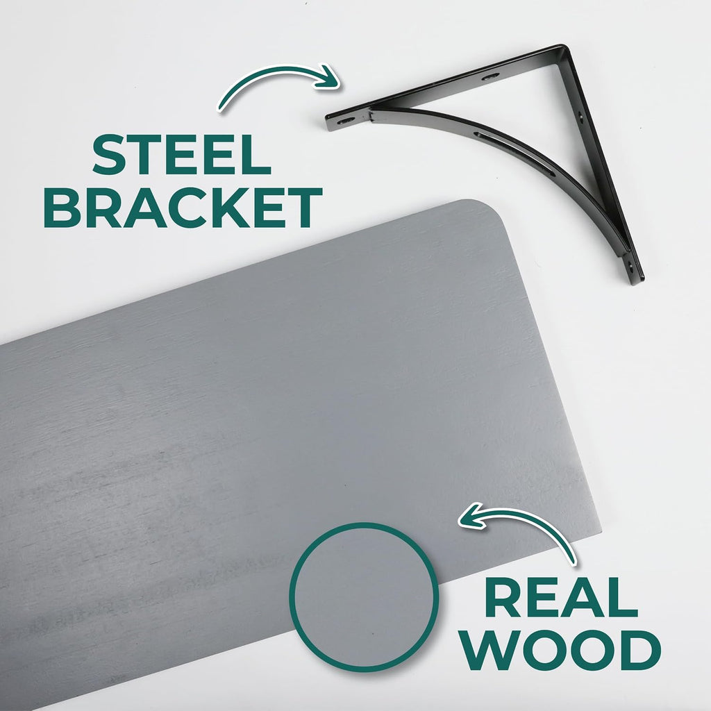Reinforced Steel Bracket Grey Wall Shelves - Easy to Install, Template and Video Included - Grey Shelf for Wall, Gray Shelf for Bathroom