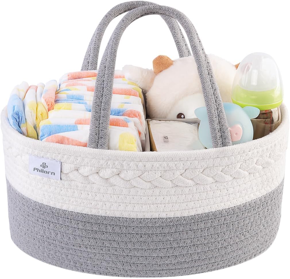 PHILORN Diaper Caddy Organizer, Cotton Rope Diaper Caddy Basket