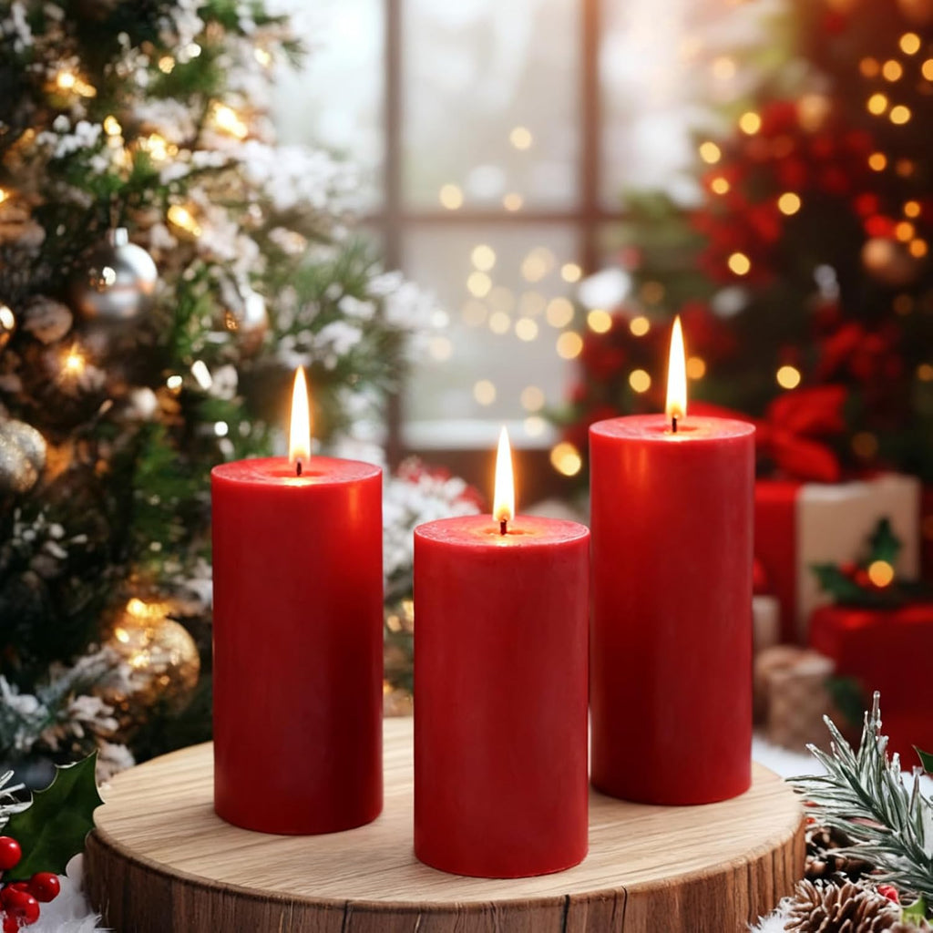 Red Soy Pillar Candles,3 Pack,2.8 x 6 Inch,Unscented,85-Hour Burn