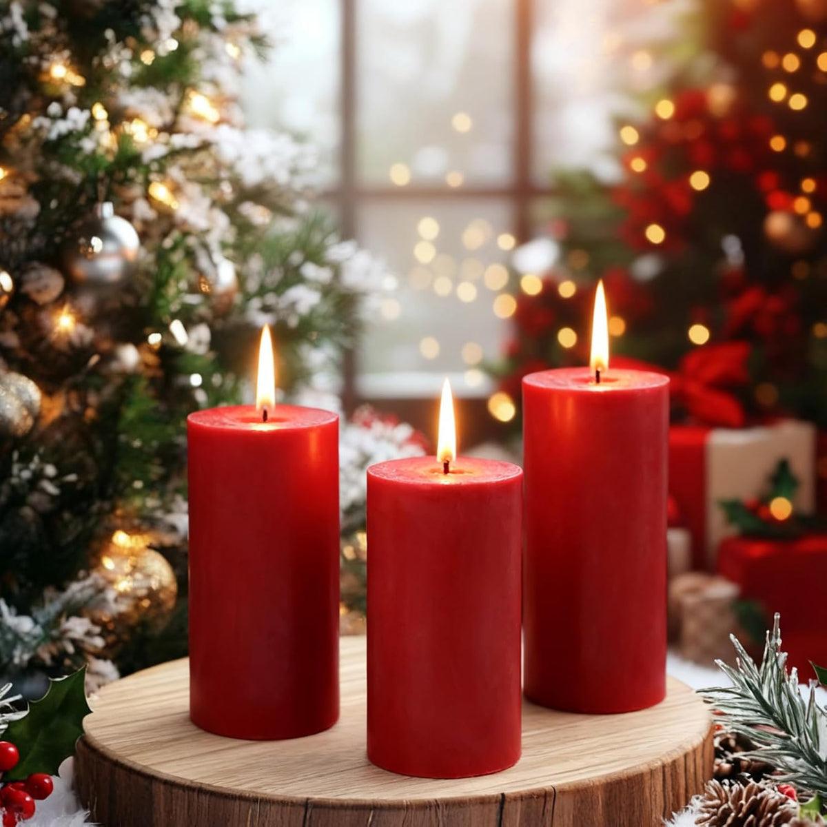 Red Soy Pillar Candles,3 Pack,2.8 x 6 Inch,Unscented,85-Hour Burn