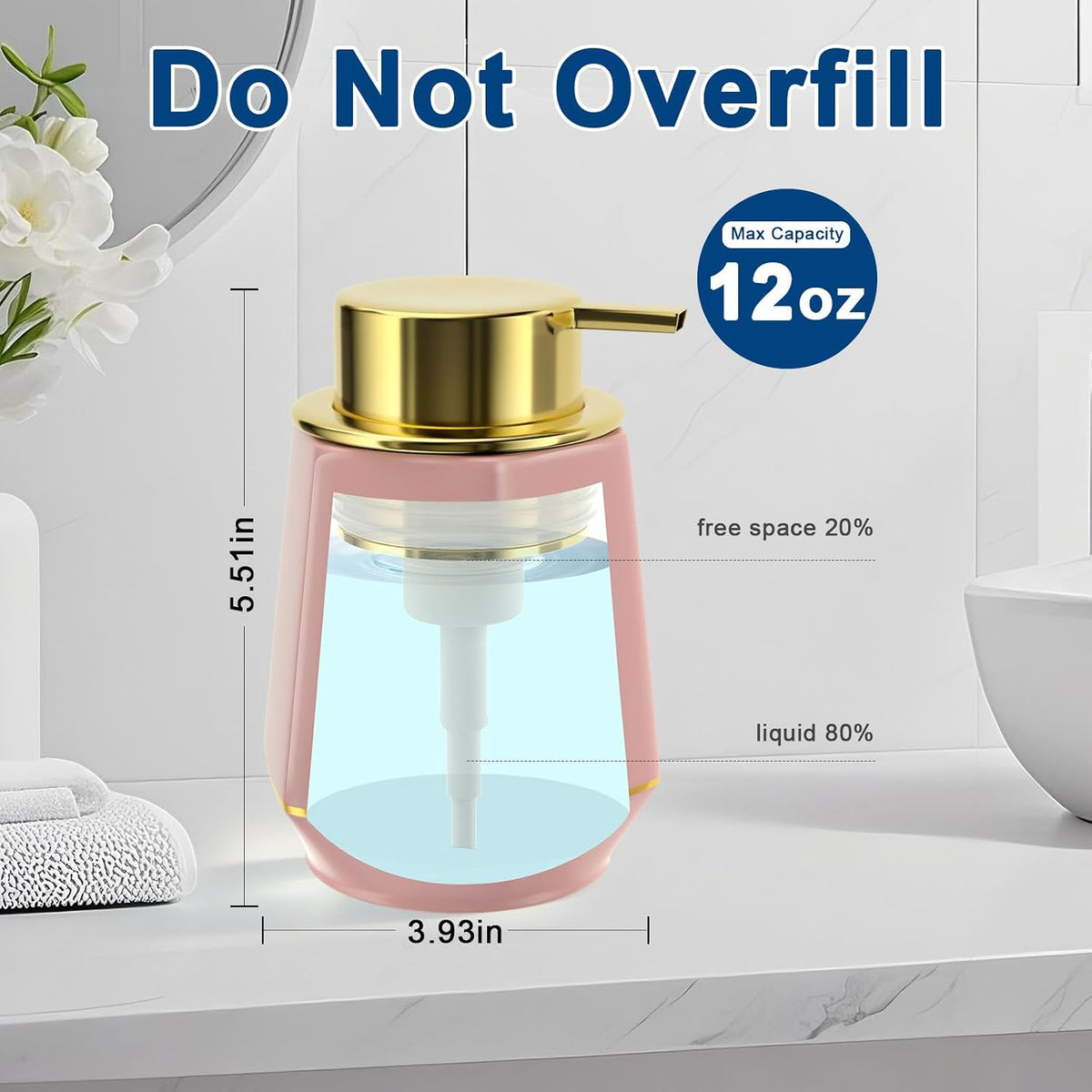 12oz Ceramic Foaming Soap Dispenser with Gold Foam Pump to Fill Hand Soap