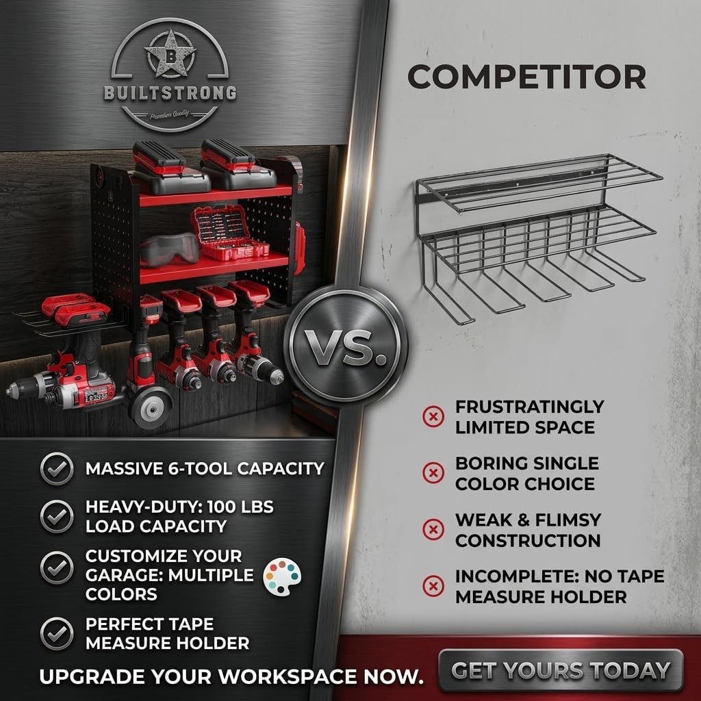 BUILTSTRONG Power Tool Organizer Wall Mount – 3-Tier Heavy-Duty Steel Rack, 6 Drill Slots, Dual Pegboard Sides, Side-by-Side Modular, 100 lb Capacity – Garage & Workshop (Red)