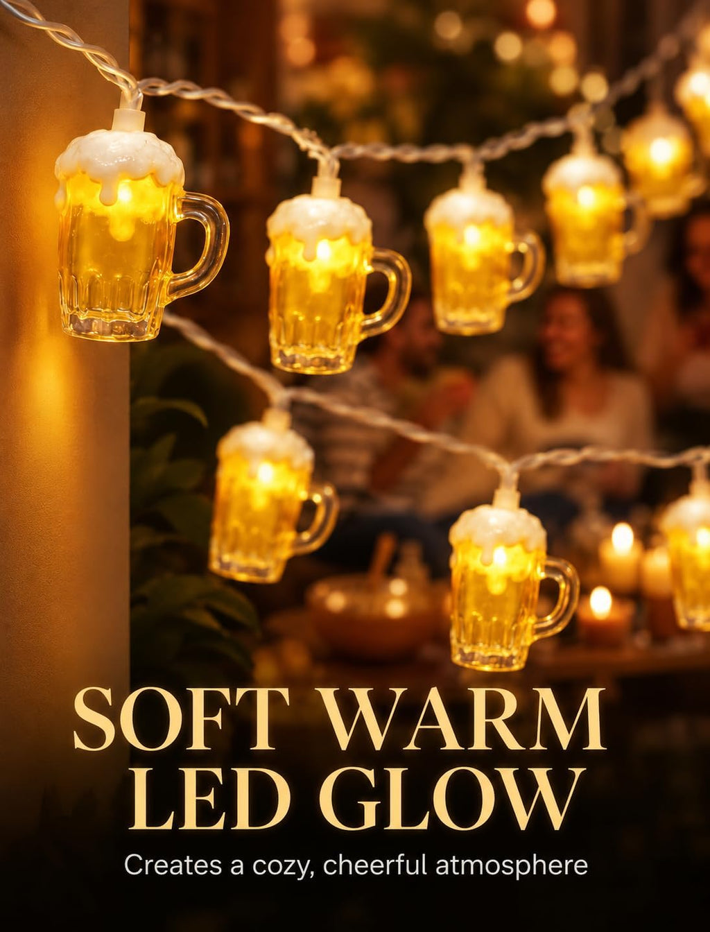 Beer String Lights Outdoor, 12.5FT Summer Decorative Camping String Lights with 10 3D Beer Mug Lights, Plug in Connectable Novelty Fairy Lights for Tropical Themed Wedding Bistro Bar Party Decor