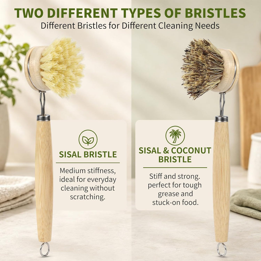 Bamboo Dish Brush with Handle, Natural Dish Brush Set Includes 2 Replacement Brush Heads, Kitchen Scrub Brush with Sisal and Palm Bristle for Cleaning Dishes, Pans and Vegetables