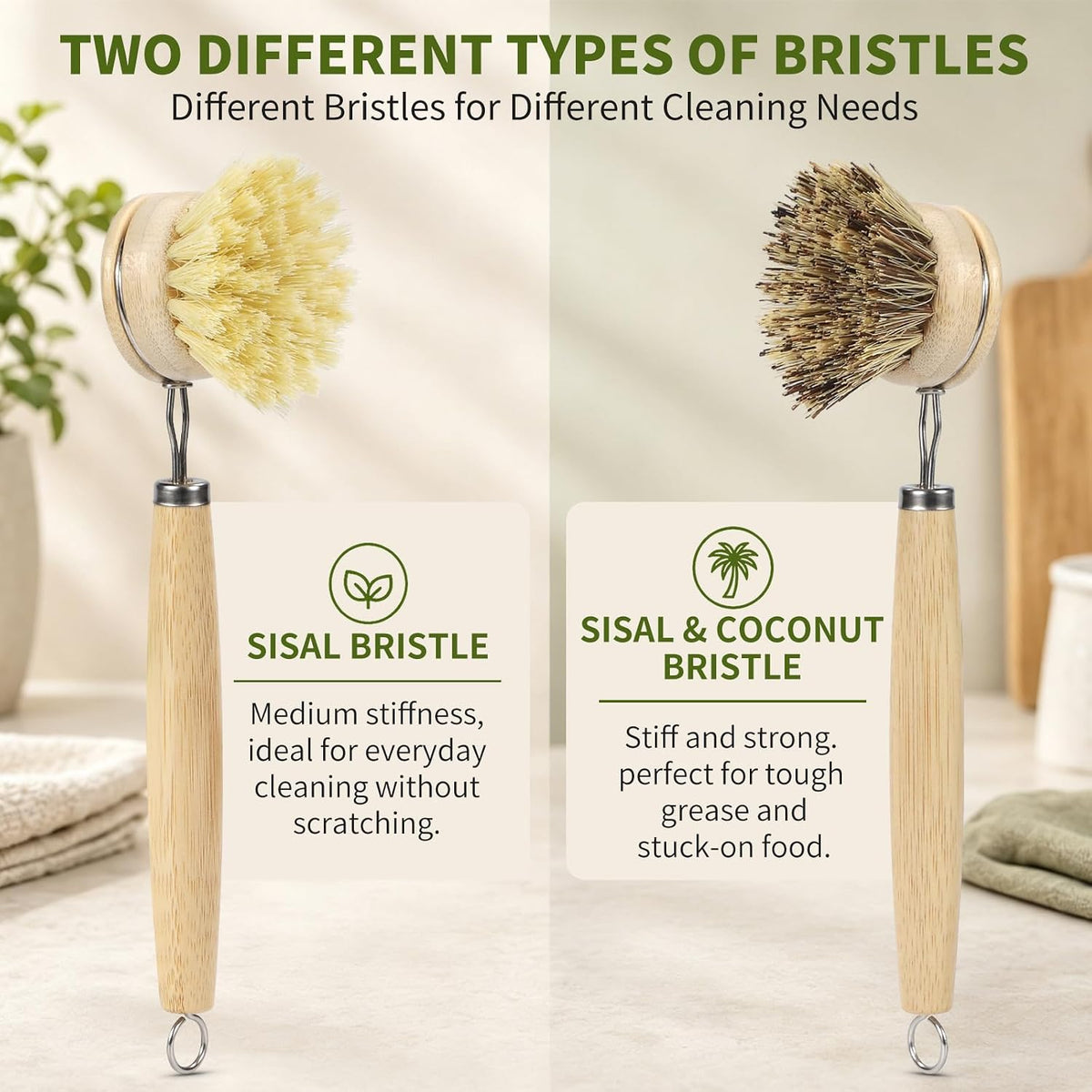 Bamboo Dish Brush with Handle, Natural Dish Brush Set Includes 2 Replacement Brush Heads, Kitchen Scrub Brush with Sisal and Palm Bristle for Cleaning Dishes, Pans and Vegetables