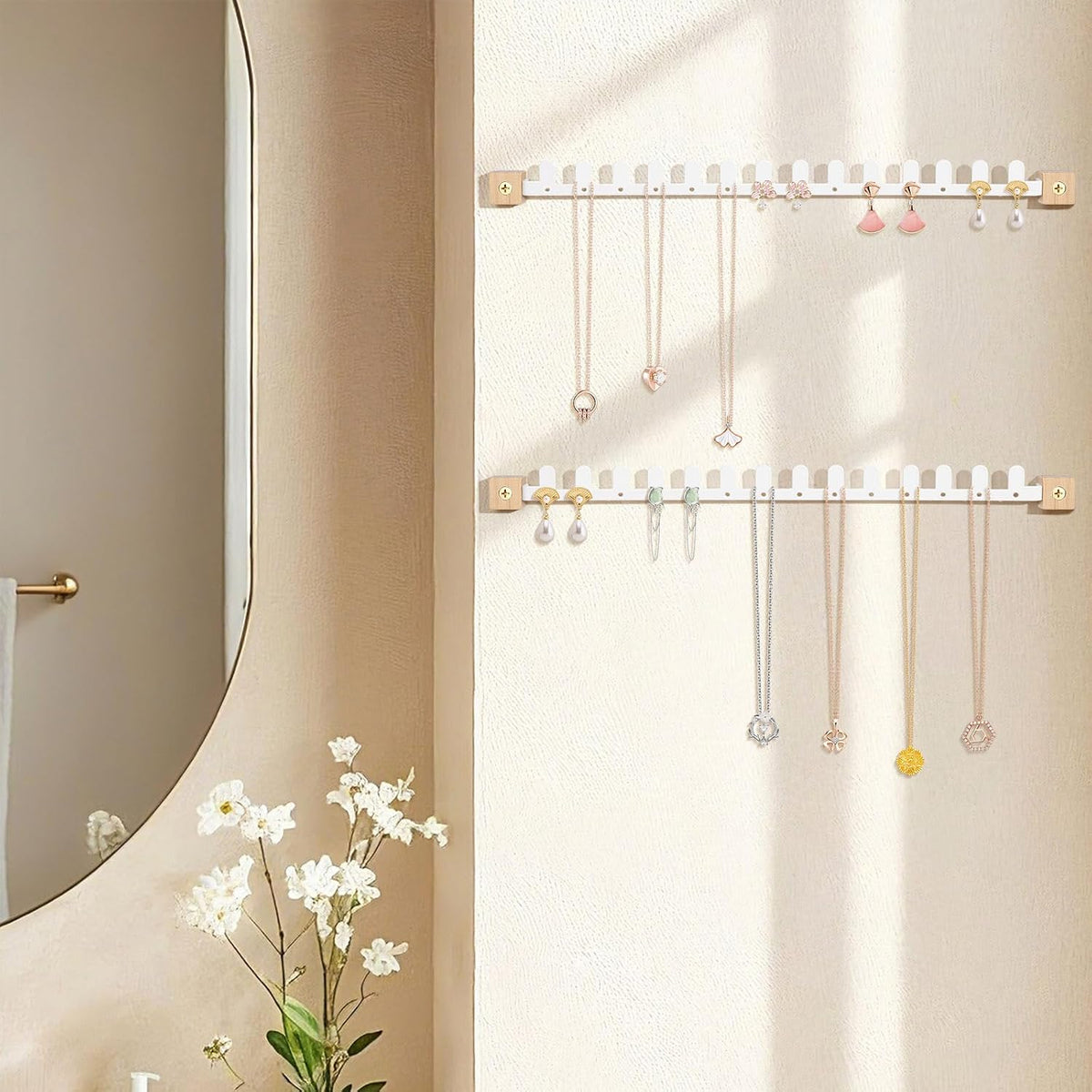 Wall Necklace Holder Hanging Jewelry Organizer 2 Pack Metal Necklace Organizer, Space-saving Jewelry Display for Necklaces & Earrings, Screws Included,White