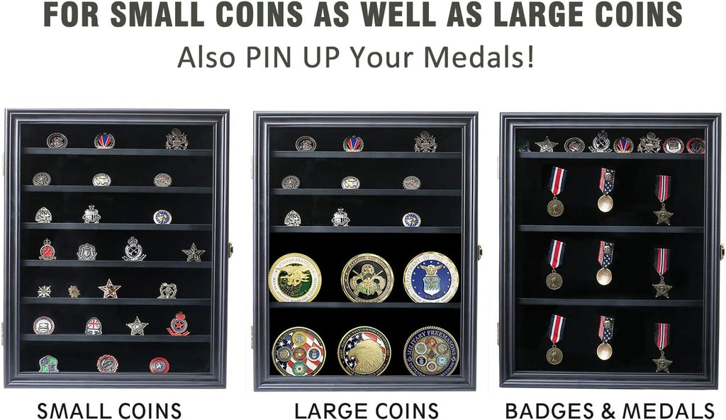 Military Challenge Coin Display Case Lockable Wooden Cabinet Rack Holder