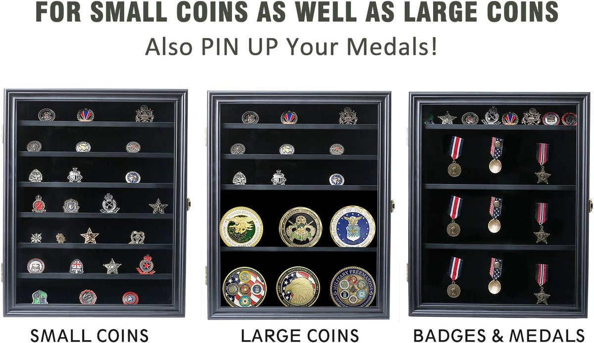 Military Challenge Coin Display Case Lockable Wooden Cabinet Rack Holder