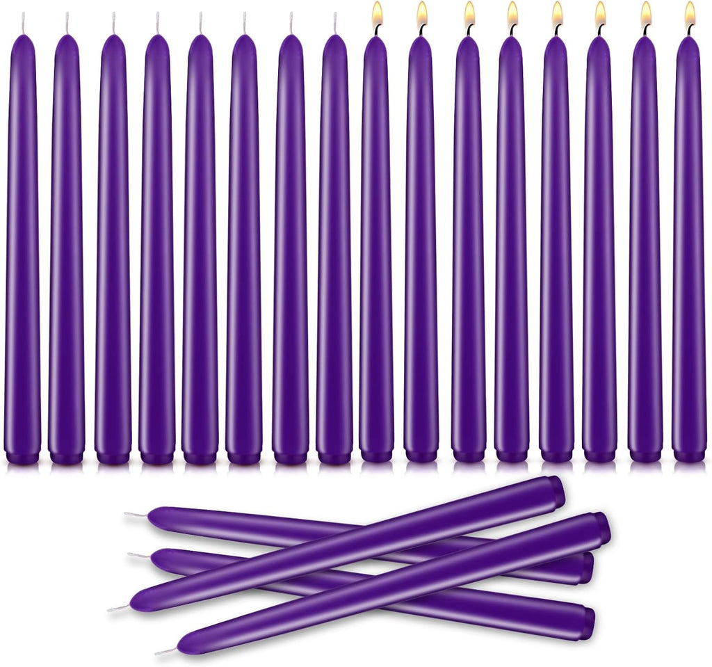 Purple Taper Candles, Set of 20 Unscented and Smokeless 10 Inch Taper Candles Long Burning, Paraffin Wax with Cotton Wicks for Burning Approxinately 7-8 Hours Time