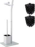 WC Set - White –22x18x70cm– Toilet Paper Holder and Toilet Brush incl. – Stainless Steel – Strong Glass Base – Plus: 1+2 Replacement Toilet Brush Heads!