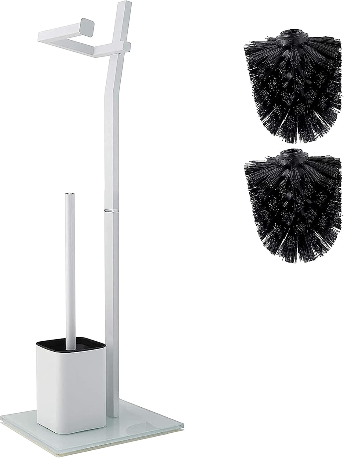 WC Set - White –22x18x70cm– Toilet Paper Holder and Toilet Brush incl. – Stainless Steel – Strong Glass Base – Plus: 1+2 Replacement Toilet Brush Heads!