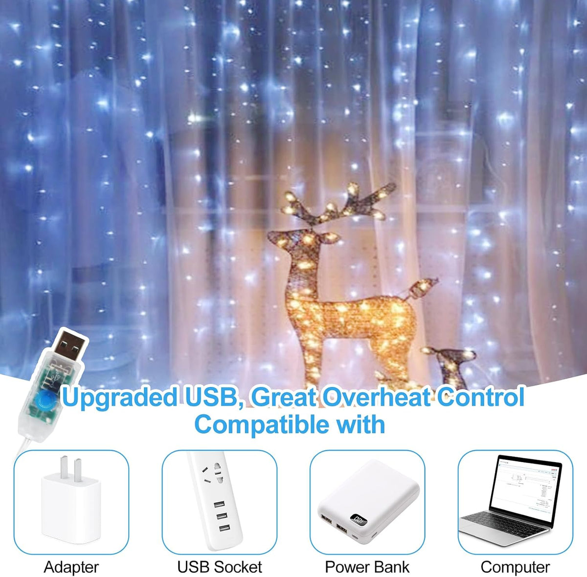 2 Pack 300 LED Fairy Curtain Lights, 9.8 x 9.8FT White USB Plug in 8 Modes String Hanging Lights with Remote for Christmas, Bedroom, Indoor, Outdoor, Weddings, Party (Cold White)