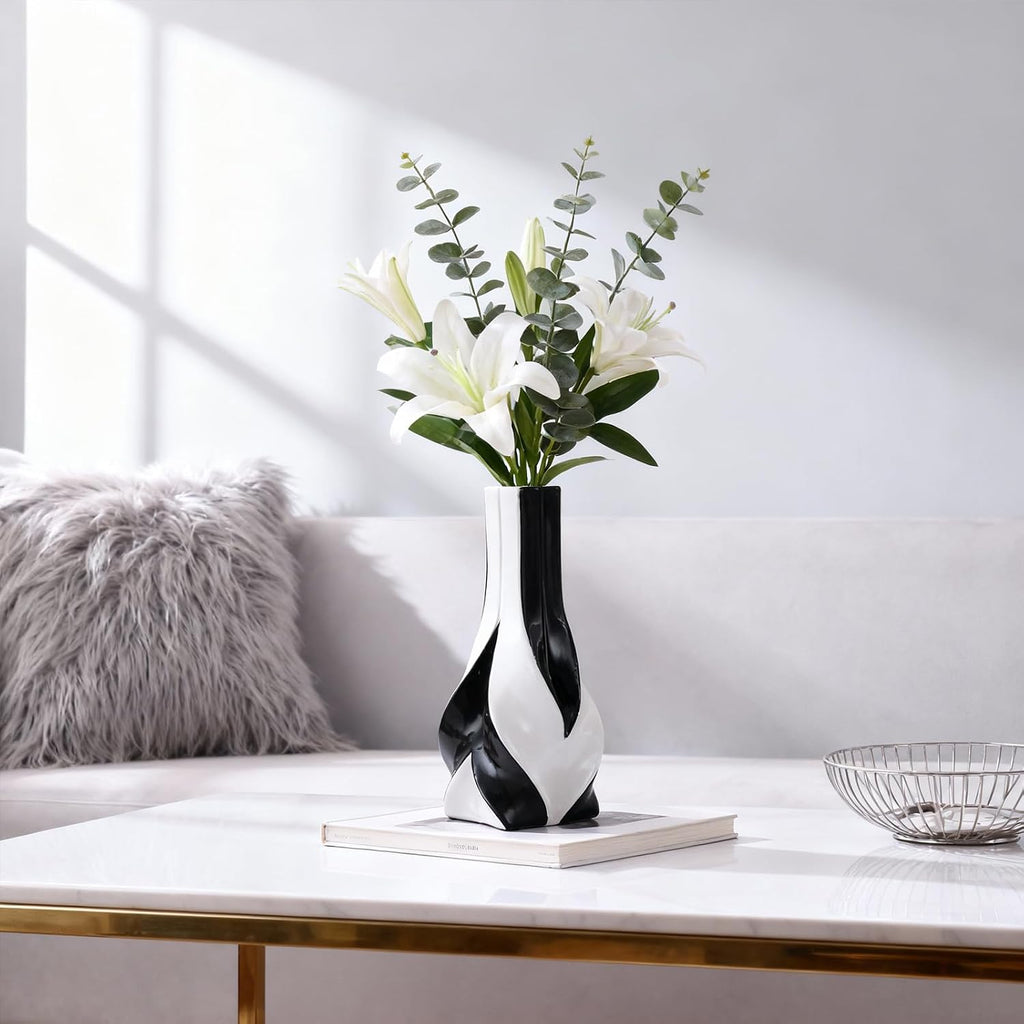 10.6" Tall Black and White Ceramic Vase – Modern Elegant Home Decor for Living Room, Table Centerpiece, Desk, Office, Perfect for Pampas Grass (Black White)