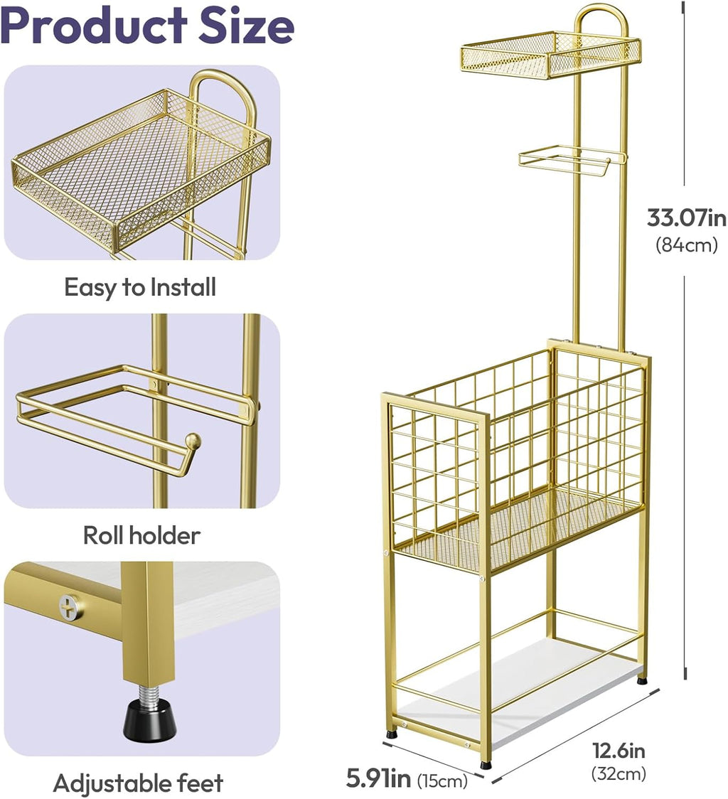 SWTYMIKI Freestanding Toilet Paper Holder - 4-Tier Free Standing Toilet Paper Holder Stand with Large Basket, Stand Mega Roll Storage Rack for Extra Rolls, Magazines, Wet Wipes, Gold