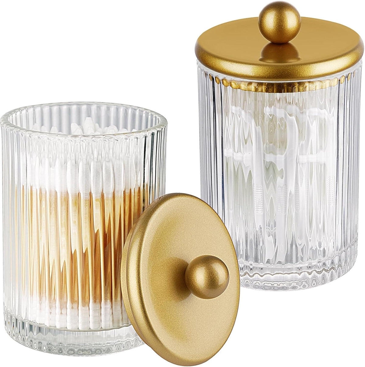SheeChung 2 Pack Gold Ribbed Glass Qtip Holder with Metal Lids