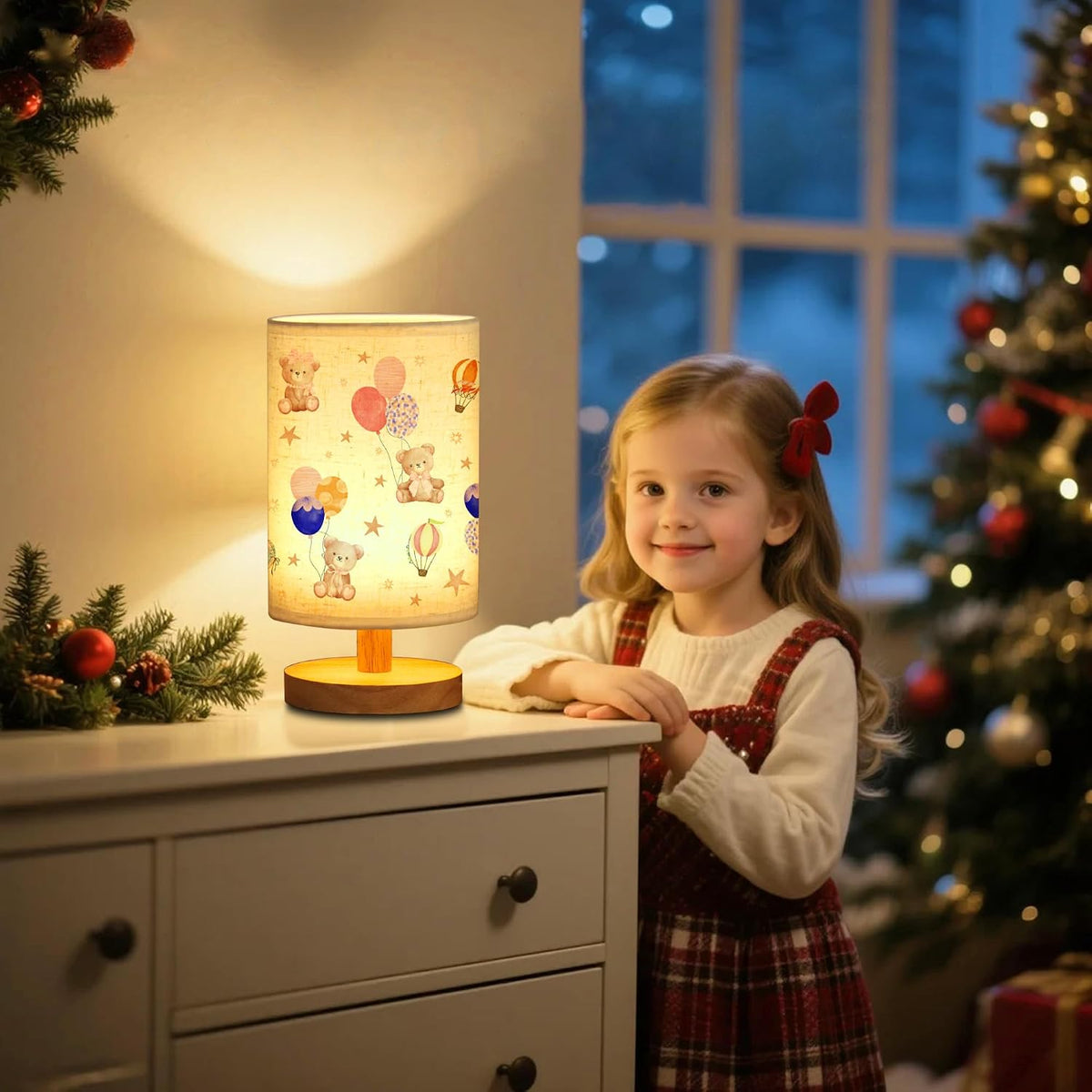 WSYEAR Bear Kids Table Lamp for Bedroom Kids Bedside Lamp with Linen Wooden Nightstand Cartoon Nursery Lampshade for Girls Boys Living Room