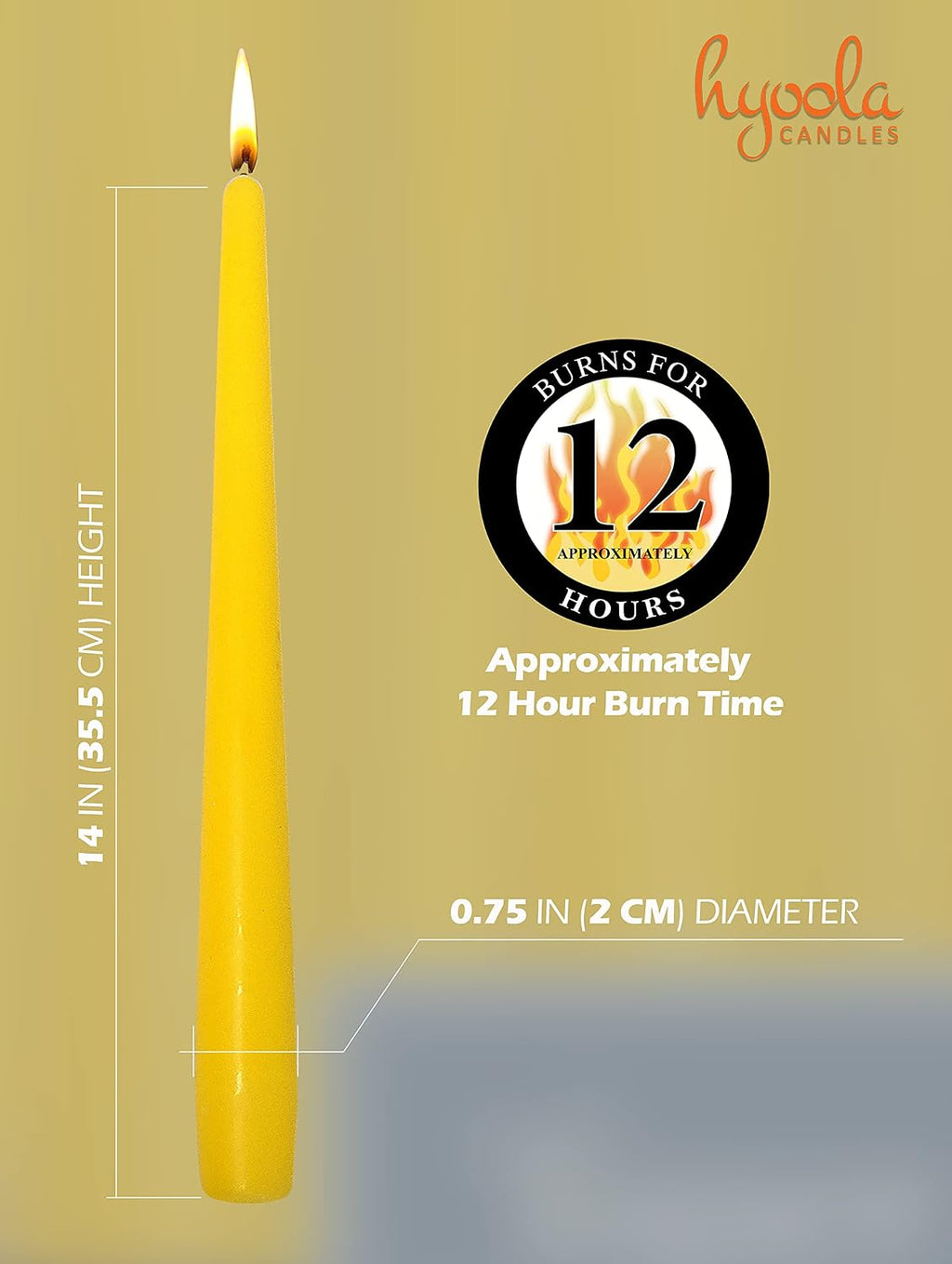 Hyoola Tall Taper Candles - 14 Inch Yellow Unscented Dripless Taper Candles - 12 Hour Burn Time - 12 Pack