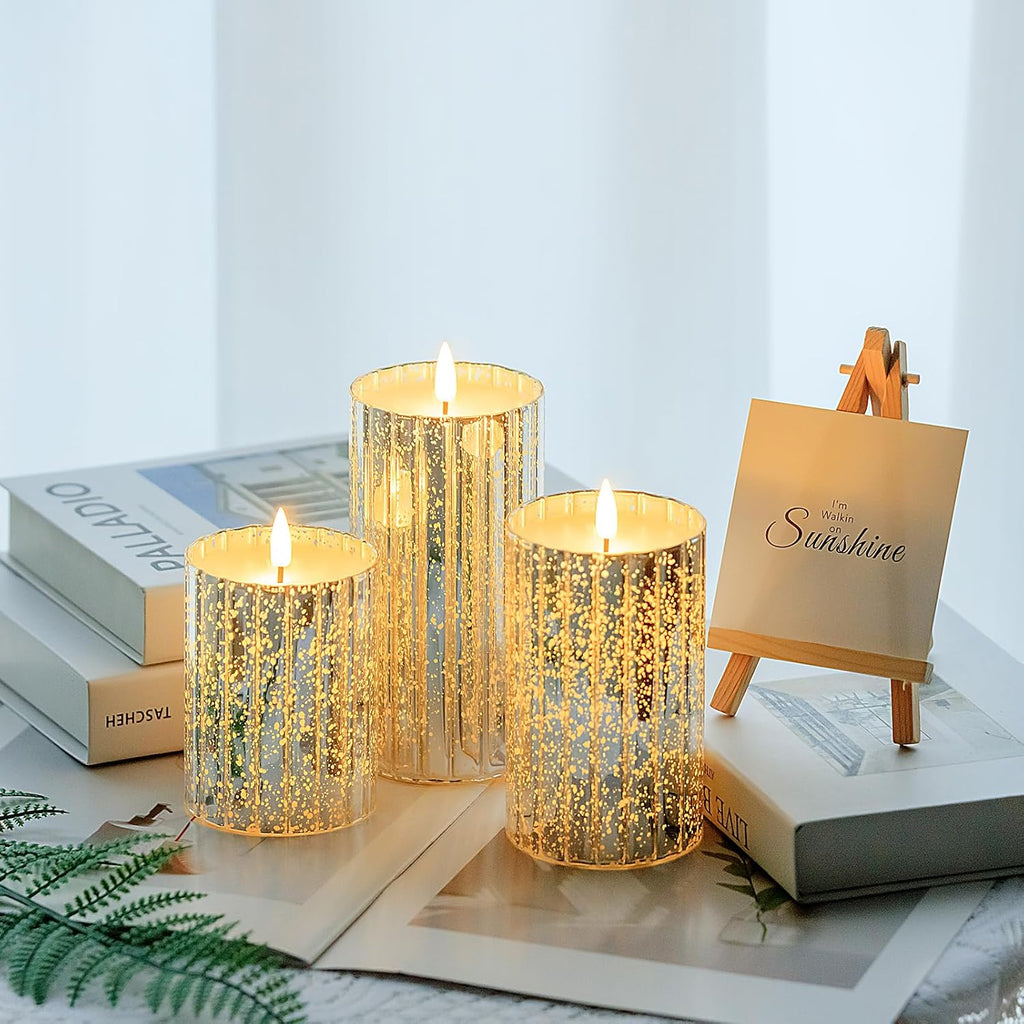 volnyus Silver Flameless Candles Set - 3 Pack(Φ 3" H 4" 5" 6") with Remote, Starscape Glass LED Night Lights for Home Decor, Wedding, Christmas Mantle,Battery Operated Flickering LED Pillar Candles