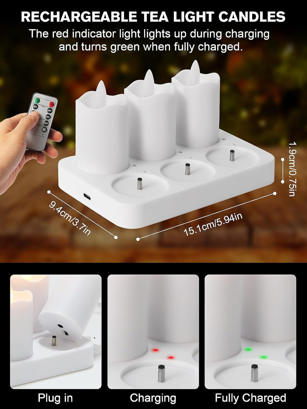 Rechargeable Flameless Tea Lights Candles with Remote Timer, 6 Pack 1.5" x 2.6" LED Candles with Charging Base, Flickering Battery‑Operated Tealights for Home, Wedding, Halloween & Christmas Decor