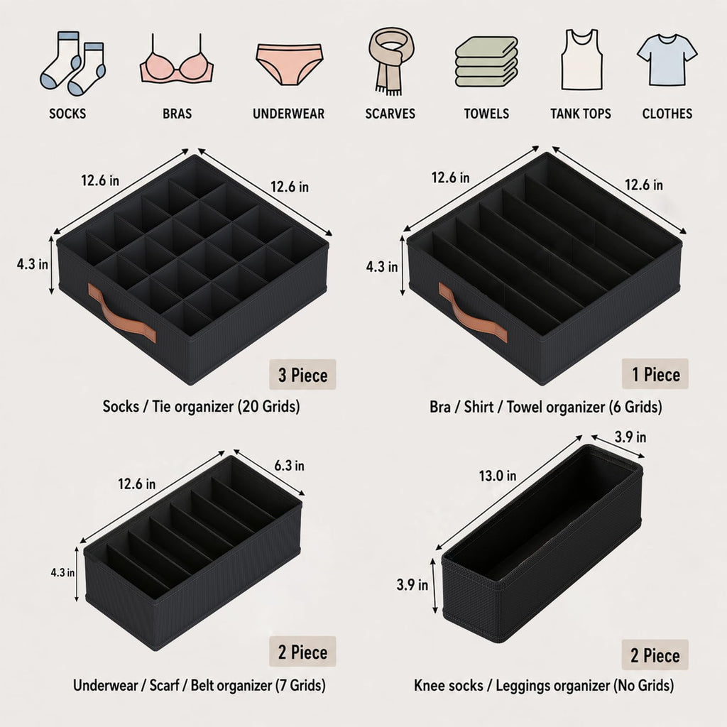 Tuza Drawer Organizer Clothes, 8 Pack sock Underwear organizer for drawer, Foldable Dresser Organizer Bins for Baby Clothes, Fabric Drawer Organizer Dividers for Socks, Underwears, Bra, Ties (Black)