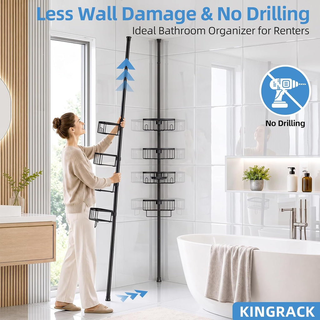 KINGRACK 4-Tier Tension Pole Shower Caddy,Corner Shelf for Storage, Black