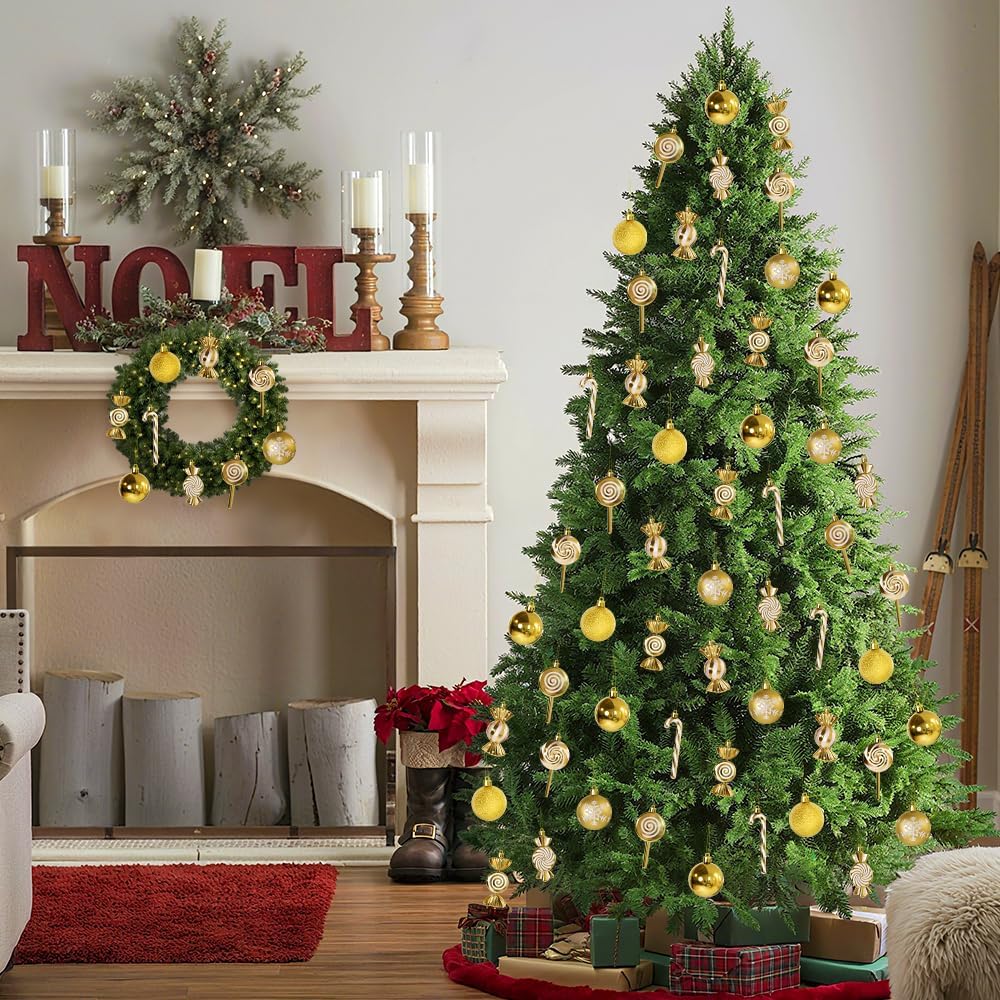 36 Pcs Christmas Ornaments, MOYEE Shatterproof Plastic Christmas Ornaments for Tree - Candy Cane Christmas Decorations Candies Christmas Ball Ornaments (Gold)