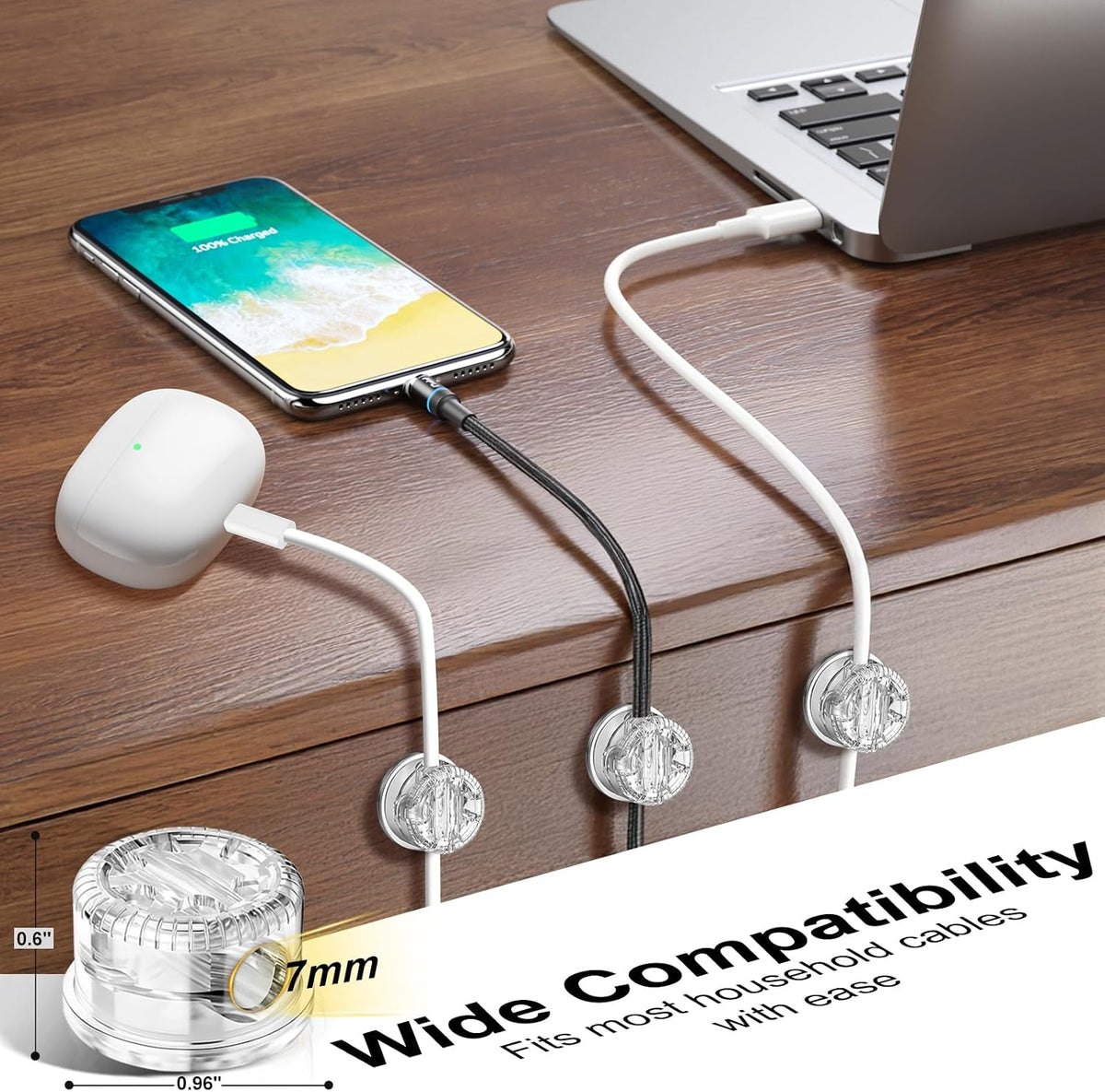 6Pack Cord Organizer Magnetic Cable Clips, 360°Rotation Cable Clips - Adjustable Cord Holder for Nightstand, Adhesive Cable Management Cord Clips, Cable Holder & Charger Organizer（Clear）