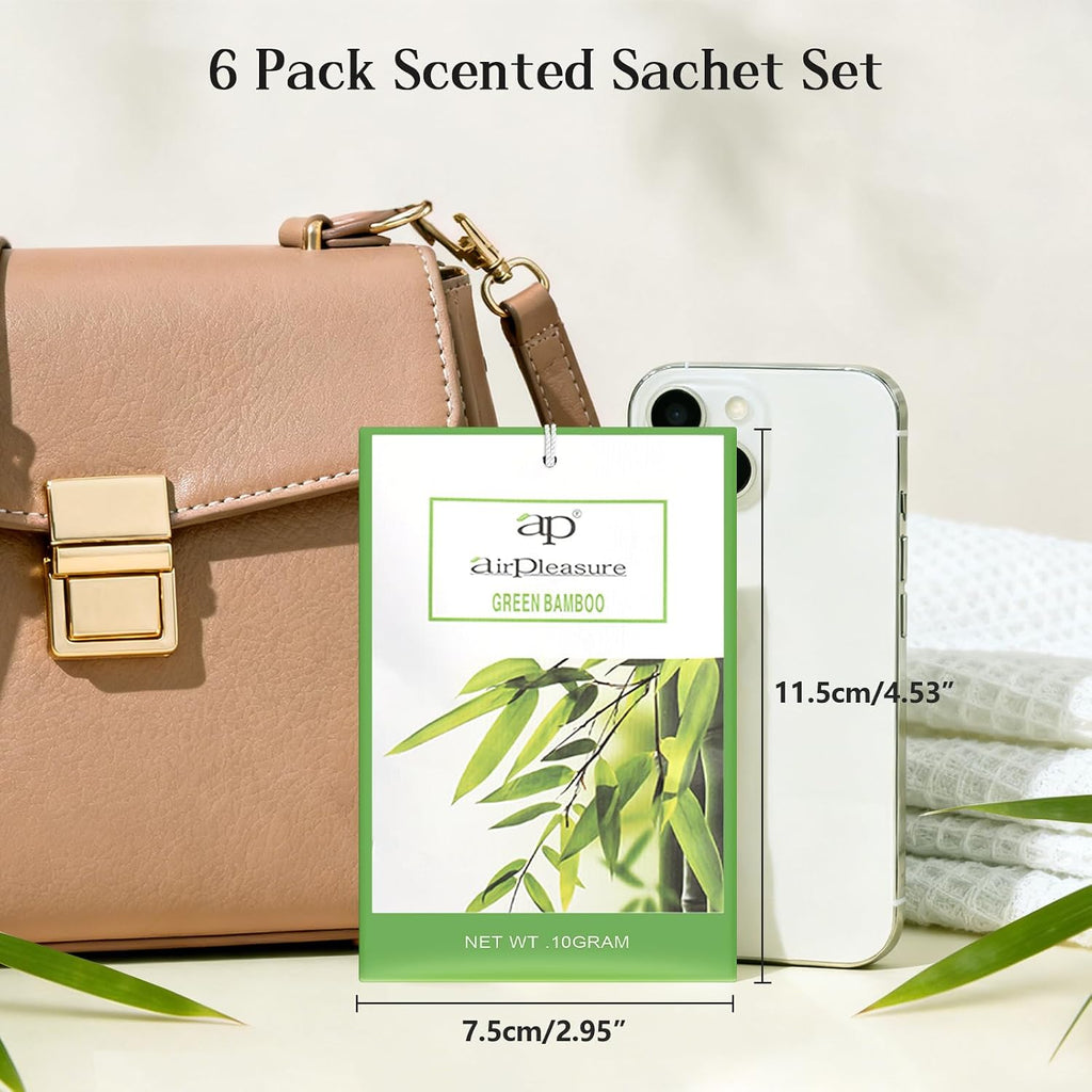 Green Bamboo Scented Sachets Bag 6 Pack for Drawer & Closet, Long-Lasting Sachets Bag Wardrobe Freshener, Drawer Deodorizer Fresh Scents Home Fragrance Air Freshener Bags for Home Room