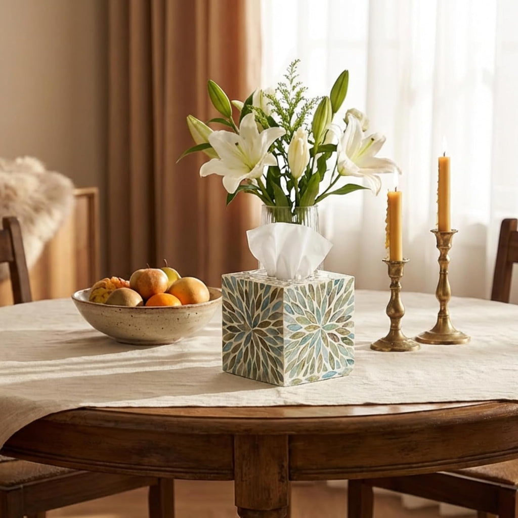 Mother of Pearl Tissue Box Cover, Decorative Tissue Box Holder Square Fits Kleenex & Puffs Tissue Box Cube for Coffee Table, Living Room, Kitchen & Dining Room (Blue)