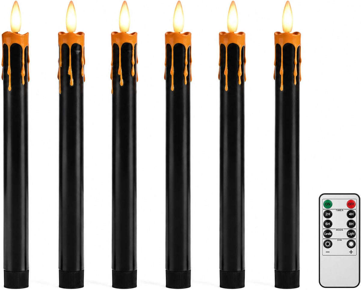 Dusk&Decorum 6 Pack Halloween Tapered Candles with Remote, Black Halloween Flameless Candles with Orange Dripping Wax, Battery Operated LED Halloween Candles for Table, Mantel & Indoor Decor
