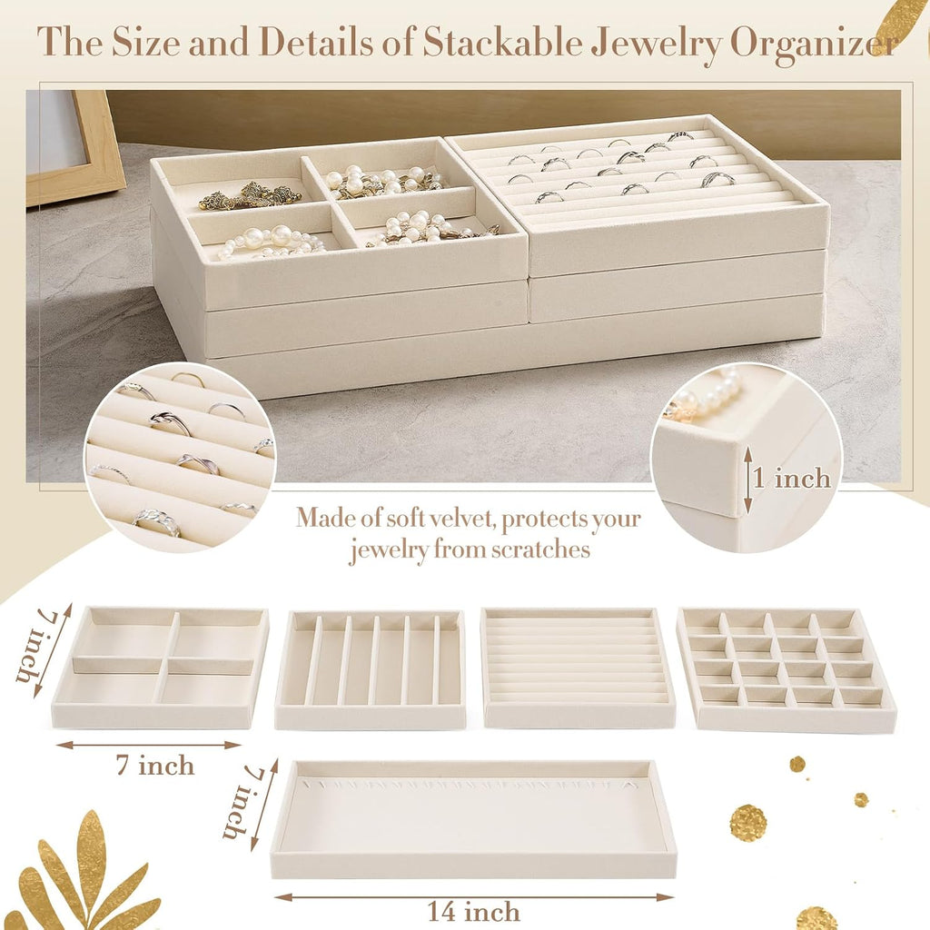 Cinnvoice Set of 10 Stackable Jewelry Organizer Tray for Drawer, Beige