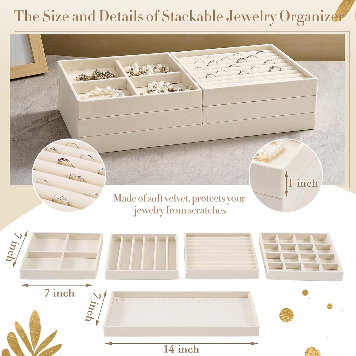 Cinnvoice Set of 10 Stackable Jewelry Organizer Tray for Drawer, Beige