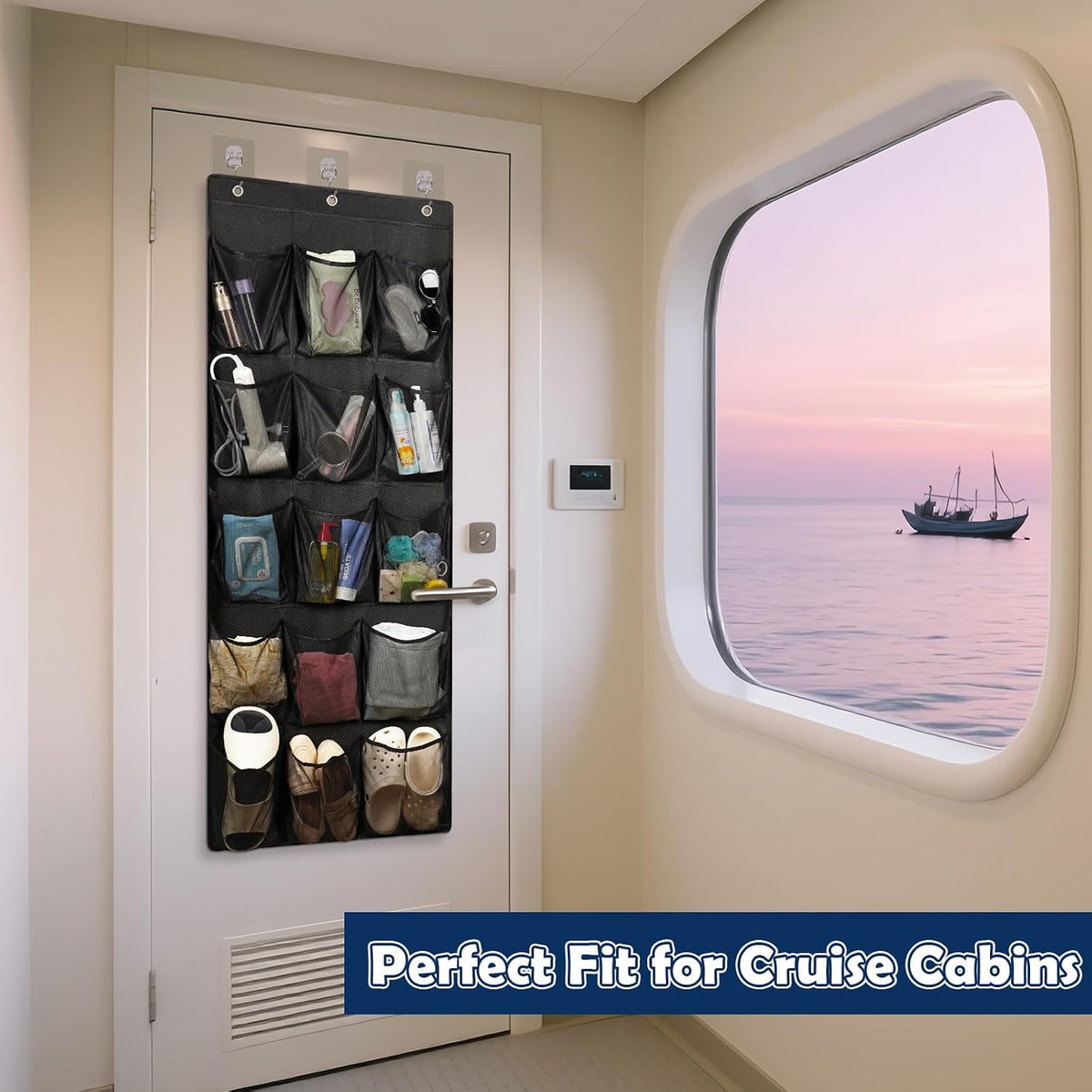 Over The Door Cruise Ship Organizer with 15 Size-Graded Pockets Black