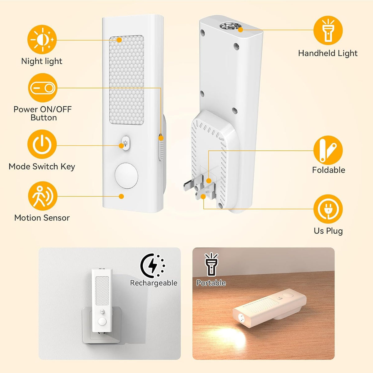Motion-Sensor Night Light - Rechargeable Plug-in LED with Portable Handheld Mode, Dusk-to-Dawn Sensor, 3000K Soft Glow for Hallway Bedroom, Modern Farmhouse Decor