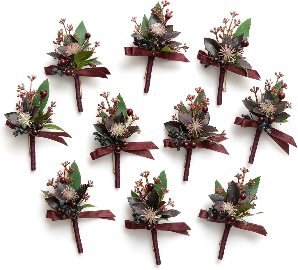 Ling's moment Boutonniere for Men, Black Baccara Burgundy, 10pcs