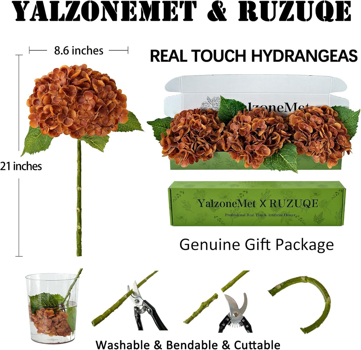 YalzoneMet 3 Pcs Orange Brown Hydrangea Artificial Flowers 21‘’ Real Touch Latex Hydrangea Fake Flowers for Fall Home Decor Party Kitchen Bedroom Bronze Vintage Flower Table Centerpieces
