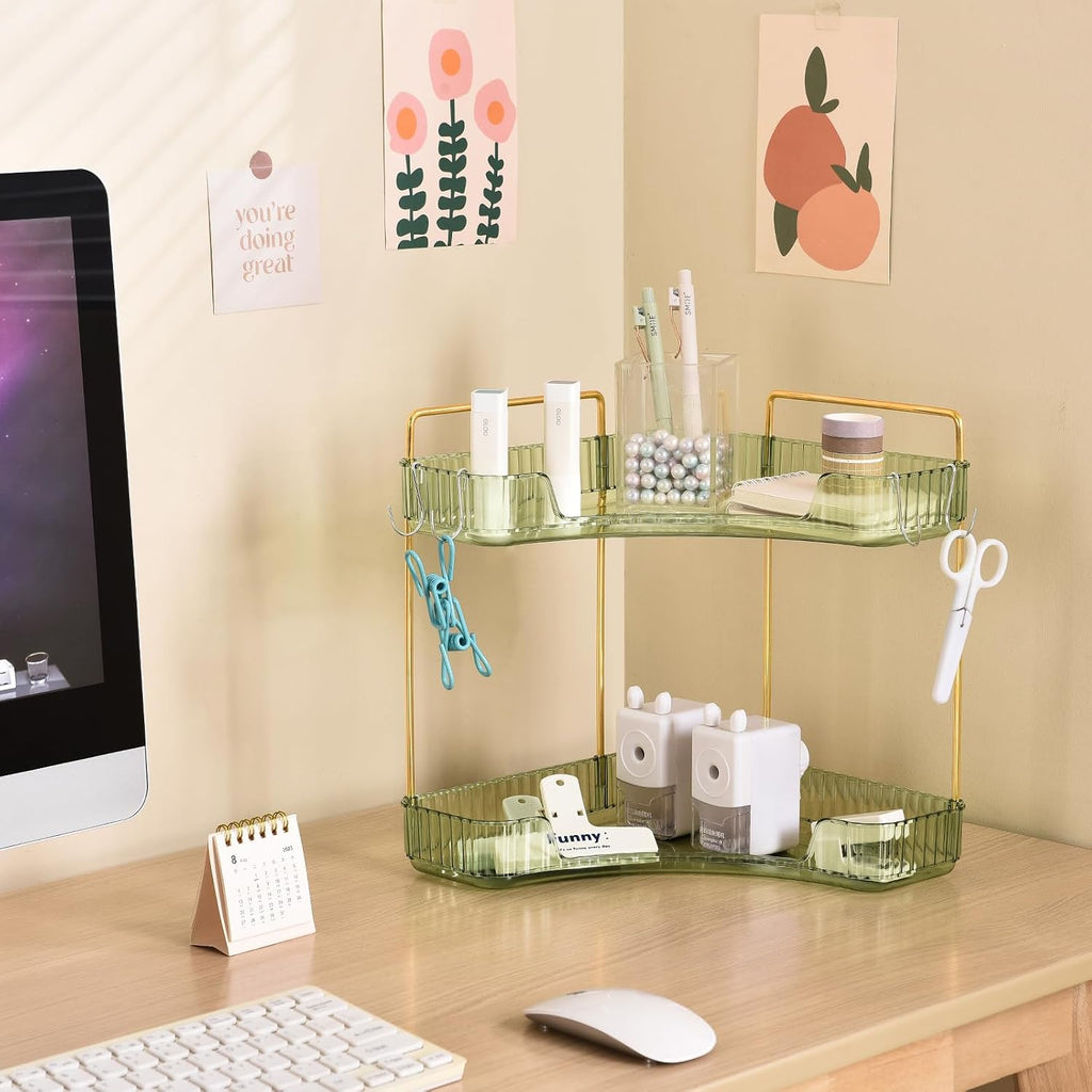 2-Tier Corner Bathroom Organizer Countertop with Hooks, for Makeup, Perfume