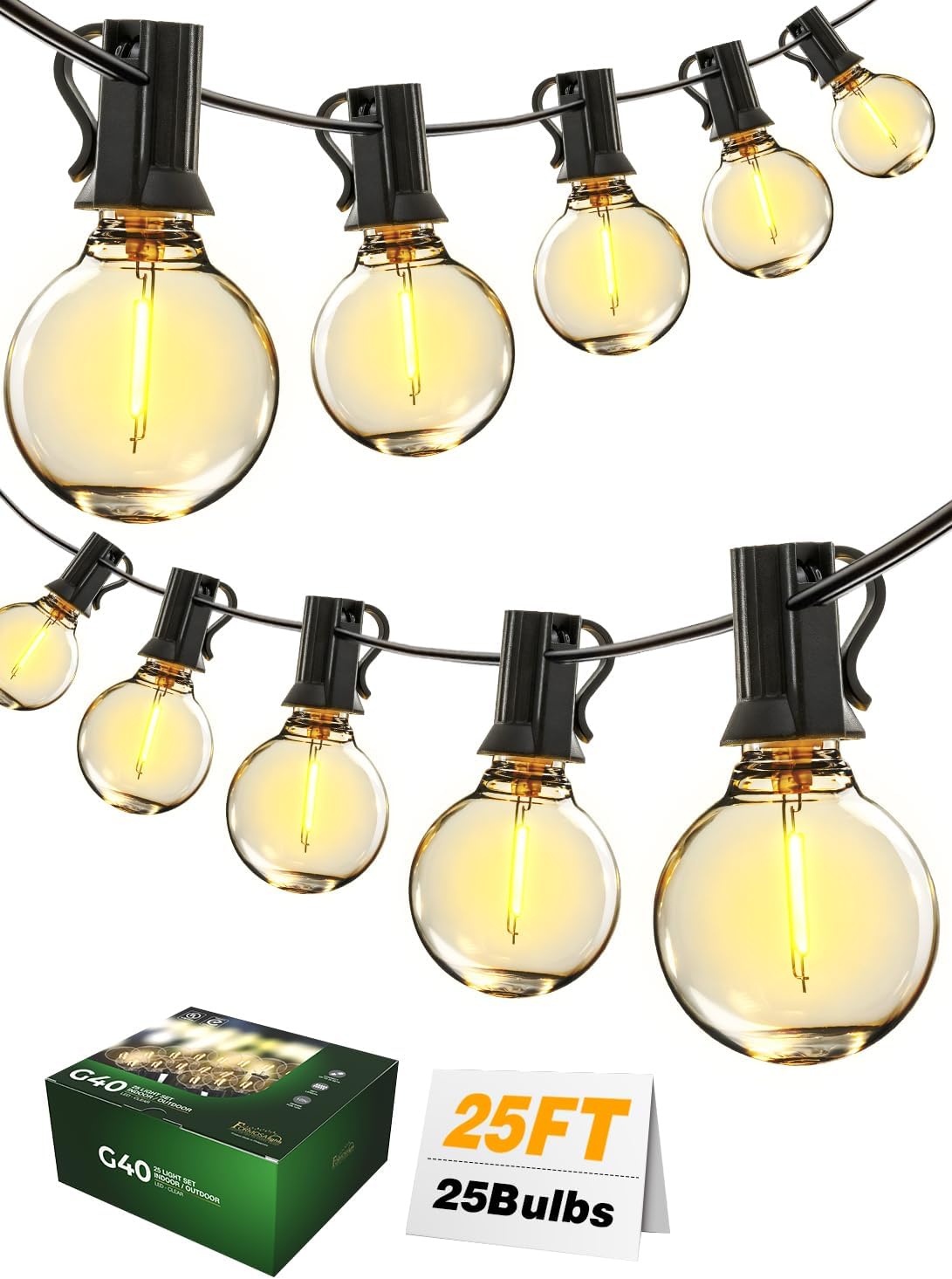 Formosa 26ft Indoor/Outdoor Clear LED Christmas String, Patio Light with 25 Retro Round Waterproof Edison Bulbs,G40 Shatterproof Globe Bulbs, Outside Hanging Lights for Gazebo Garden Backyard Decor