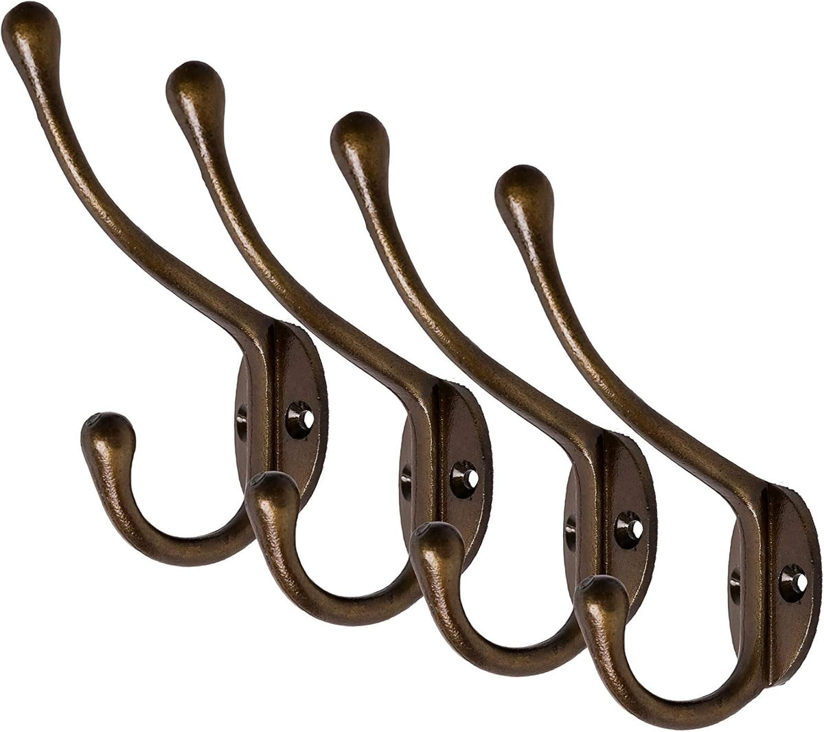 CRAFTSMAN ROAD Vintage Cast Iron Wall Hooks (Antique Brass Finish, Set of 4) - Rustic, Farmhouse Coat Hooks | Coats, Bags, Towels, Hats | Classic Slender