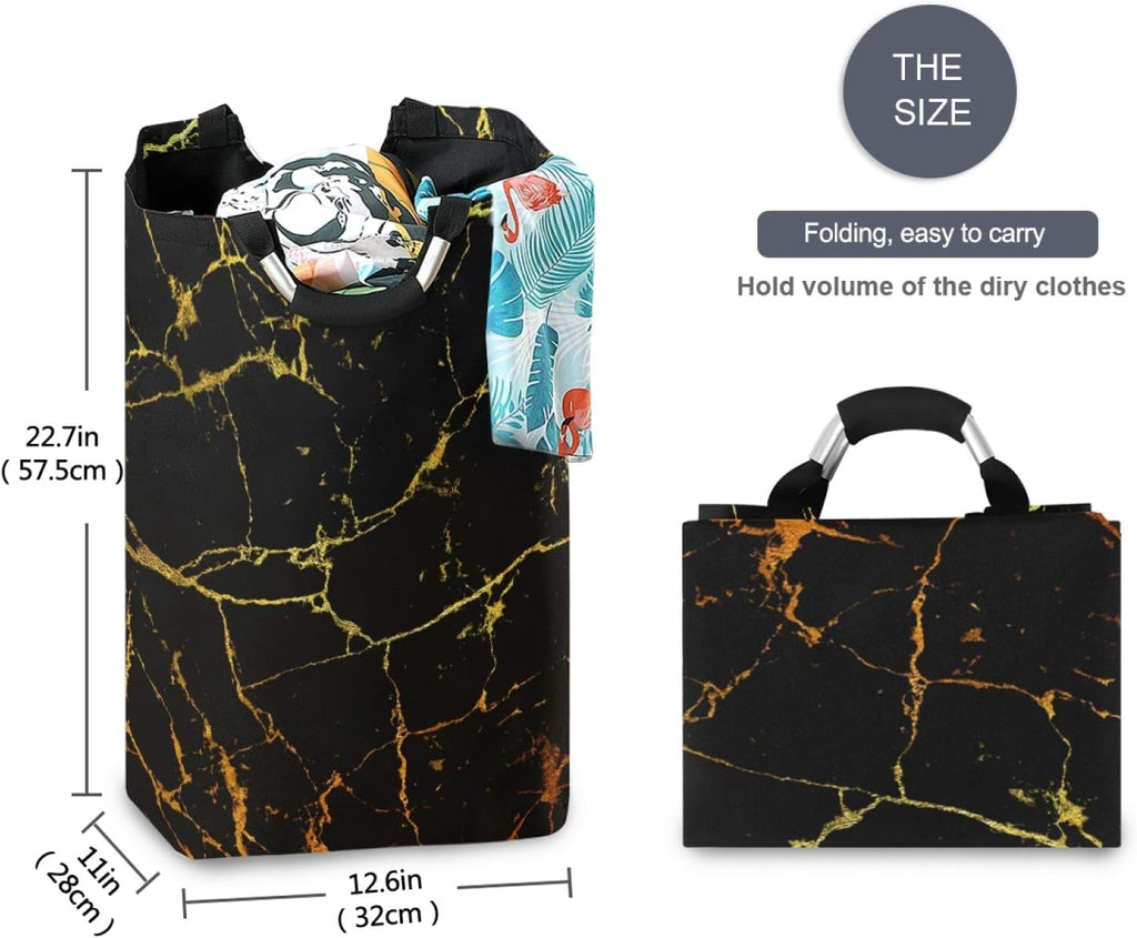 ALAZA Large Laundry Hamper Basket Black Marble With Gold Geometric Laundry Bag Collapsible Oxford Cloth Stylish Home Storage Bin with Handles, 22.7 Inch