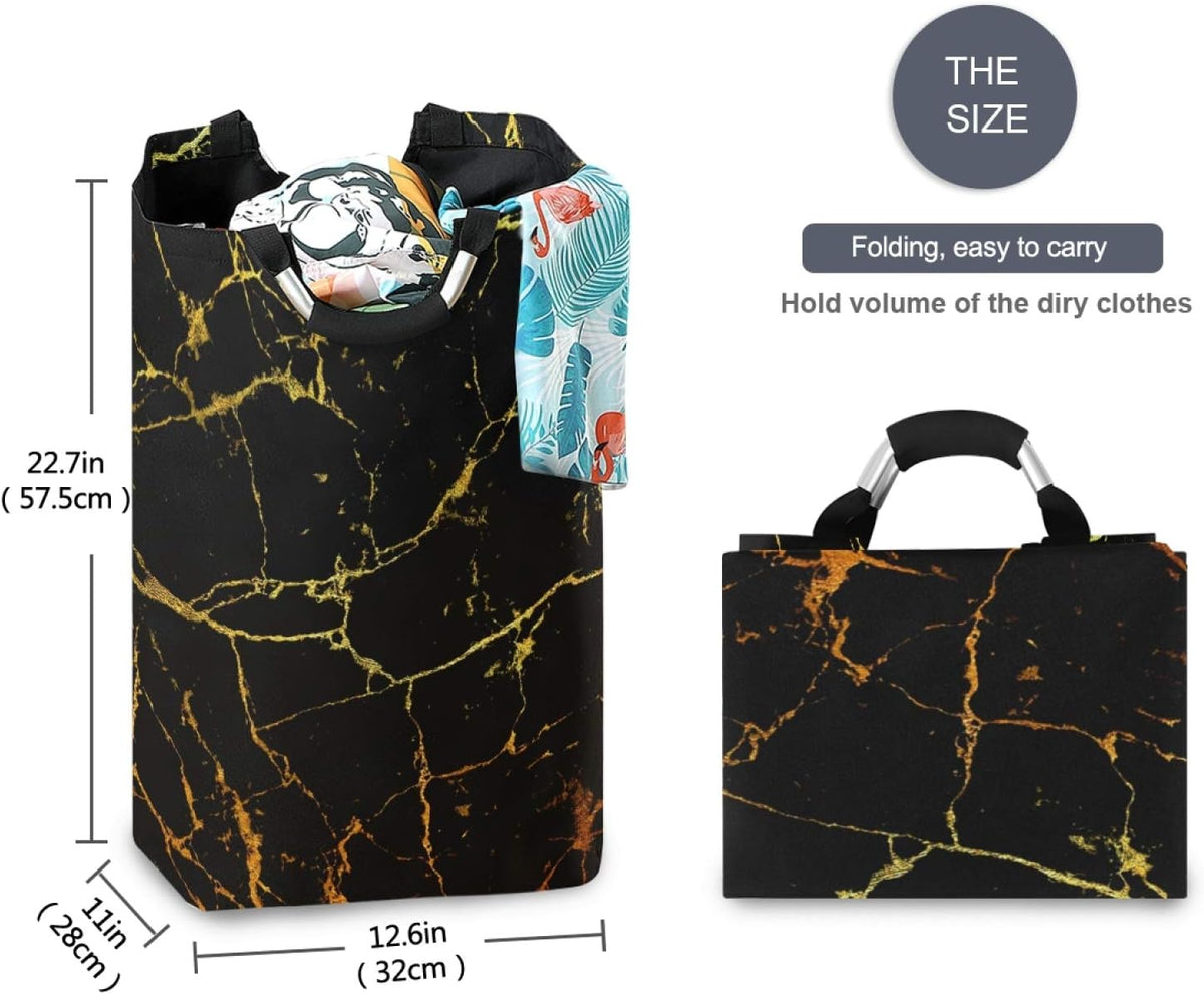 ALAZA Large Laundry Hamper Basket Black Marble With Gold Geometric Laundry Bag Collapsible Oxford Cloth Stylish Home Storage Bin with Handles, 22.7 Inch