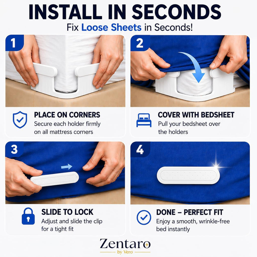 Bed Sheet Holders for Corners 4-Pack Lock Fitted Sheet Holder Set with Sheet Straps & Easy Tucker Tool, Universal Bed Sheet Clips for All Mattress Sizes, Non-Slip ABS, White