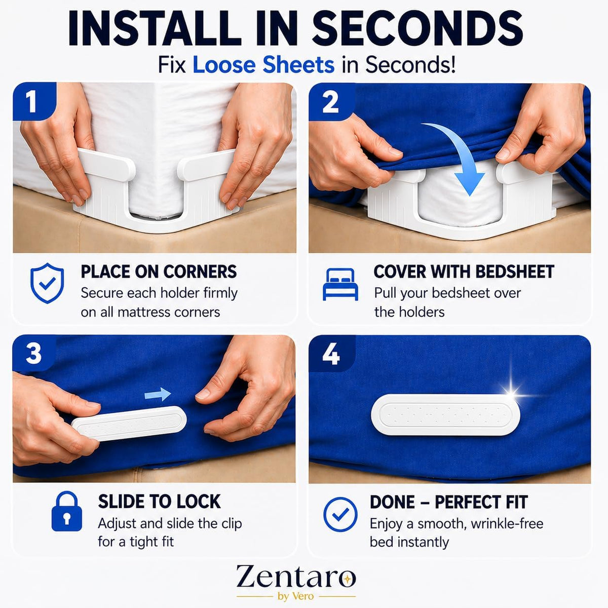 Bed Sheet Holders for Corners 4-Pack Lock Fitted Sheet Holder Set with Sheet Straps & Easy Tucker Tool, Universal Bed Sheet Clips for All Mattress Sizes, Non-Slip ABS, White