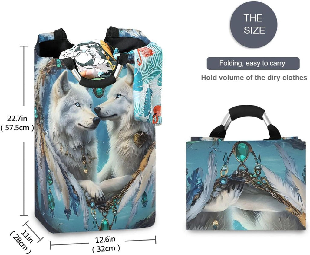 ALAZA Arctic Wolf Dreamcatcher Large Laundry Hamper Basket Laundry Bag Stylish Collapsible Oxford Cloth Home Storage Bin with Handles, 22.7 Inch