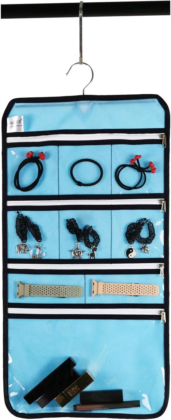 Travel Foldable Jewelry Rolls Bag Hanging Jewelry Organizer with 9 Zippered Clear Pockets Storage Pouch with Rotatable Hanger (BLUE)