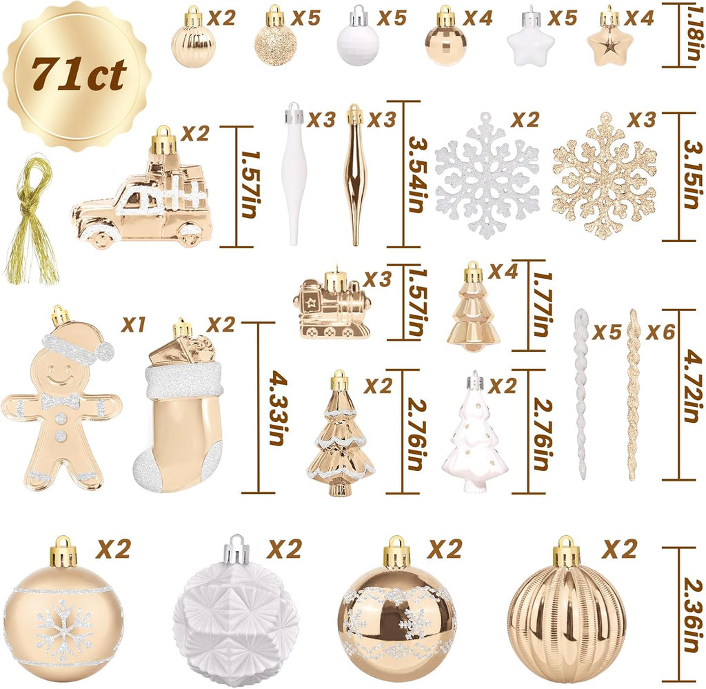 FestiveBliss Christmas Ornaments 71 Count, Champagne & White