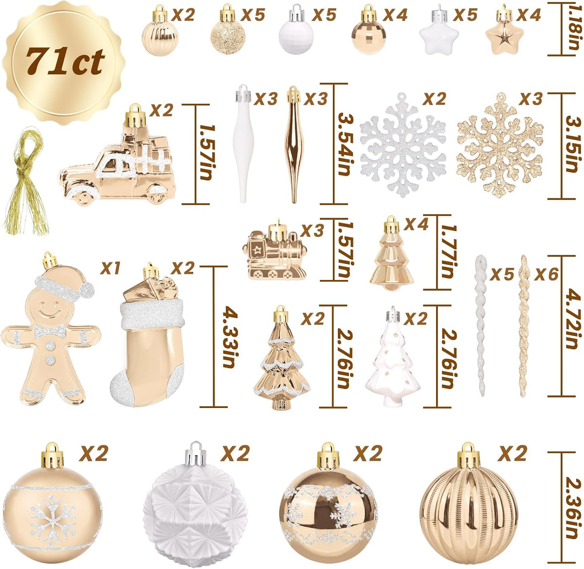 FestiveBliss Christmas Ornaments 71 Count, Champagne & White